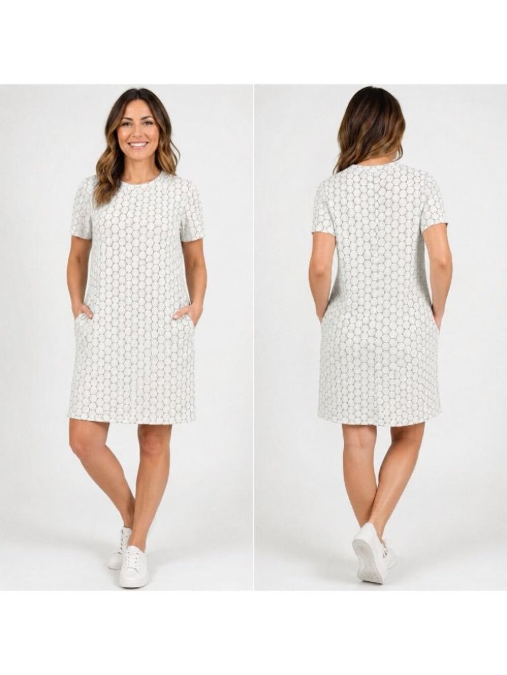 Leota Women’s Medium White Black Geometric Textured Shift Dress Pockets Stretch